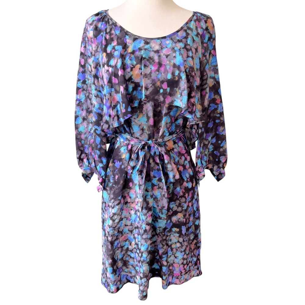 Witchery Silk Blue Multicolour Ruffle 3/4 Sleeve Lightweight Tunic Dress